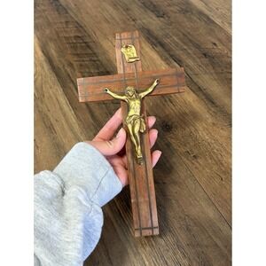 VTG Wood Crucifix Brass Inlay Jesus On Cross INRI Wall Decor  10"x 5.2"
